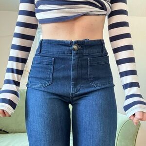 Pilcro High-Rise Wide Leg Dark Blue Flare Jeans Retro Cropped